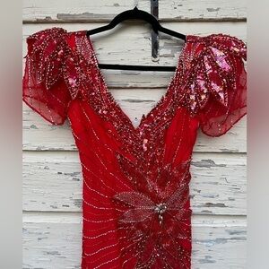 Vintage 80s Beaded Christmas Poinsettias Formal Event Ball Gown Pageant Dress